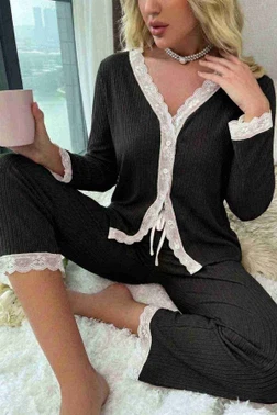 Ribanalı Dantel Detay İki Parça Pijama Takım Merry See MS4436 Siyah - Alternatif Görünüm