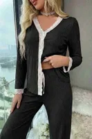 Ribanalı Dantel Detay İki Parça Pijama Takım Merry See MS4436 Siyah Siyah görsel 5