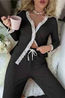 Ribanalı Dantel Detay İki Parça Pijama Takım Merry See MS4436 Siyah Siyah farklı açı