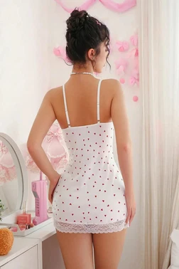 Beleng Romantik Stil Kalp Baskılı ve Güpür Detaylı İnce Askılı Beyaz Gecelik Beleng 1105 - Alternatif Görünüm