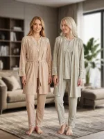 Şardonlu Kadın 3'lü Pijama Takımı Bone Club 6111 detay görünüm