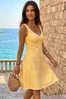 Sarı Fistolu Büzgü Detaylı Midi Elbise Bella Notte E-5593 Sarı görsel 4