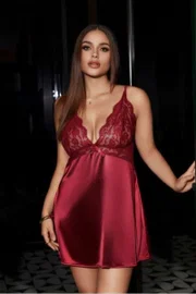 Saten Bordo Dantelli Büyük Beden Gecelik Real Passione 11020