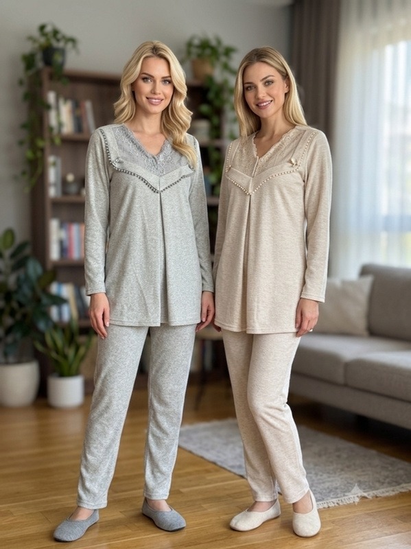 Simli Hamile Lohusa 3'lü Pijama Takımı Bone Club 6307