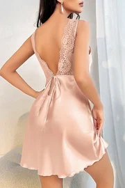 Pink Night Sırt Dantel Dekolteli Saten Mni Yırtmaçlı Saten Gecelik Pink Night 3841