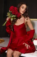 Sırt Dekolteli Sabahlıklı Saten Kırmızı 2li Gecelik Takım Real Passione 3066 Kırmızı görsel 4