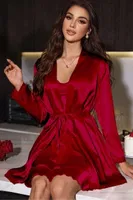 Sırt Dekolteli Sabahlıklı Saten Kırmızı 2li Gecelik Takım Real Passione 3066 Kırmızı görsel 5