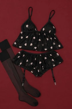 Siyah Babydoll Üst Ve Jartiyerli Hipster Takımı Bella Notte 16612 - Alternatif Görünüm