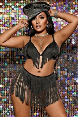 Nathalie Siyah Büyük Beden Püsküllü Fantazi Gecelik Nathalie NTH02