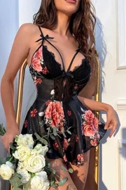 Siyah Çiçek Desenli Dantel ve Kurdele Detaylı Transparan Tulum Gecelik Bella Notte 36171