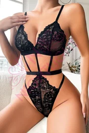 NightLight Siyah Çiçekli Dantel Detaylı Bantlı Body Gecelik - Strappy Tasarım Nightlight 7003-1