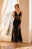 Siyah Dantel Detaylı Yırtmaçlı Uzun Askılı Gecelik Bella Notte 36011 Siyah görsel 5