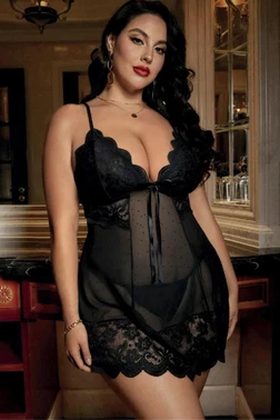 Real Passione Siyah Dantelli Askılı Mini Tül Büyük Beden Seksi Gecelik Real Passione 13127