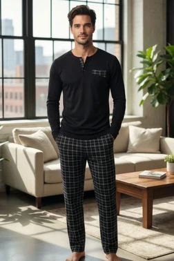 Siyah Ekose Pantolonlu Erkek Uzun Kollu Pijama TakımTekten 8250 - Alternatif Görünüm