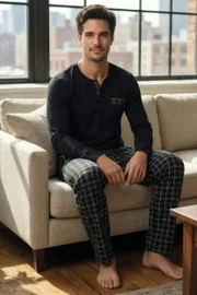 Siyah Ekose Pantolonlu Erkek Uzun Kollu Pijama TakımTekten 8250