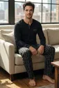 Siyah Ekose Pantolonlu Erkek Uzun Kollu Pijama TakımTekten 8250