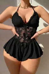 Siyah Fiyonk Detaylı Fantezi Babydoll Ruselin 2308