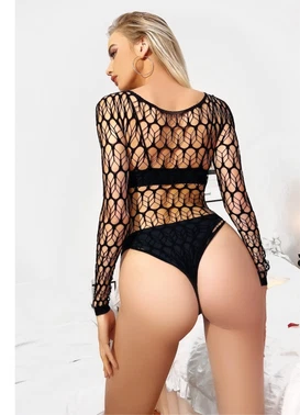 Siyah Geniş Fileli Uzun Kollu Body Vücut Çorabı So Beautiful 2466 - Alternatif Görünüm