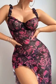 Siyah Gül Desenli Uzun Fantezi Gecelik Lily Bianca LB-267