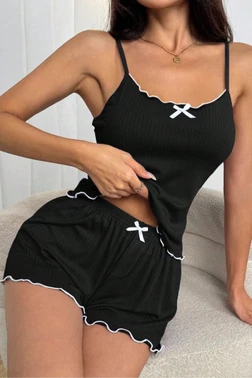 Siyah İp Askılı Yazlık Şort Pijama Takı Real Passione S-39