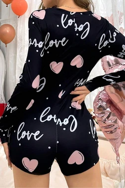 Ruselin Siyah Kalp Desenli Love Yazılı Düğmeli Tulum Pijama Ruselin 5124 - Alternatif Görünüm