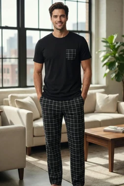 Siyah Kareli Erkek Kısa Kollu Pijama TakımTekten 8230