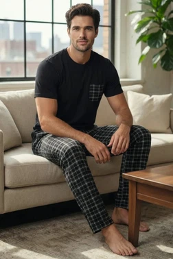 Siyah Kareli Erkek Kısa Kollu Pijama TakımTekten 8230 - Alternatif Görünüm