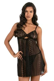 Ahu Lingerie Siyah Kısa Tül Dantel Gecelik Ahu Primoda 4232