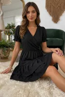 Siyah Kruvaze Yaka Fırfırlı Elbise Bella Notte E-5761 Siyah detay görünüm