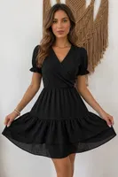 Siyah Kruvaze Yaka Fırfırlı Elbise Bella Notte E-5761 Siyah görsel 4