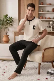 Siyah Minimal Harf Ve Düğme Detaylı Kısa Kollu Pamuklu Erkek Çift Pijaması Bella Notte CP-7585