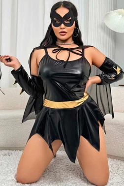 Jesica Bella Siyah Parlak Kumaş Seksi Yarasa Kadın Cosplay Kostüm Jesica Bella JB-15042