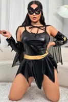 Siyah Parlak Kumaş Seksi Yarasa Kadın Cosplay Kostüm Jesica Bella JB-15042 Siyah