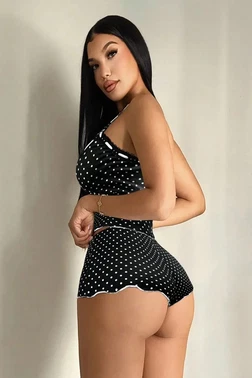 Beleng Siyah Puantiyeli Fırfırlı Şortlu Pijama Takımı - Beyaz Fiyonk Detaylı Beleng 2315 - Alternatif Görünüm