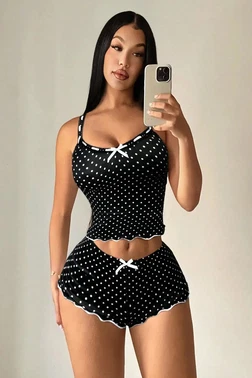 Beleng Siyah Puantiyeli Fırfırlı Şortlu Pijama Takımı - Beyaz Fiyonk Detaylı Beleng 2315