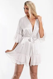 NBB Saten Kısa Tüllü Sabahlık Belden Bağlamalı Klasik Kesim NBB 3100