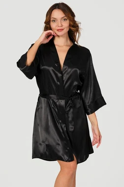 NBB Siyah Saten Yazı İşlemeli Kuşak Bağlamalı Bride Sabahlık NBB 3232