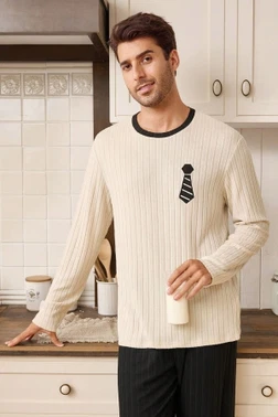 Siyah Sevimli Fiyonk-Kravat Desenli Erkek Çift Pijama Takımı Bella Notte CP-7571 - Alternatif Görünüm