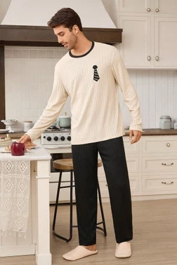 Siyah Sevimli Fiyonk-Kravat Desenli Erkek Çift Pijama Takımı Bella Notte CP-7571