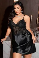 Siyah Transparan Dantel Göğüs Detaylı BÜyük Beden Saten Mini Gecelik Real Passione 11023 Siyah görsel 5