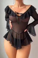 Siyah Transparan Tül Detaylı Volanlı Etekli Bağcıklı Yaka Uzun Kollu Kadın Gecelik Bella Notte 35617 Siyah görsel 4