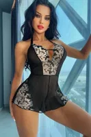 Siyah Transparan Tül Kumaşlı, Çiçek Dantel Detaylı Halter Yaka Sırt Dekolteli Kısa Etekli Babydoll Gecelik Bella Notte 15165 Siyah farklı açı