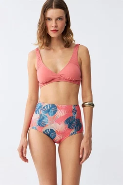 Somon Pedli Üst ve Tropik Desenli Yüksek Bel Bikini Takımı Akbeniz 35016