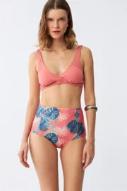 Somon Pedli Üst ve Tropik Desenli Yüksek Bel Bikini Takımı Akbeniz 35016