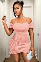 Straplez Zincir Askılı Pembe Büzgülü Mini Kadın Elbise Pink Night 2320 Pembe