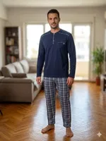 Süprem Ekose Erkek Pijama Takımı Bone Club 6370 Lacivert detay görünüm
