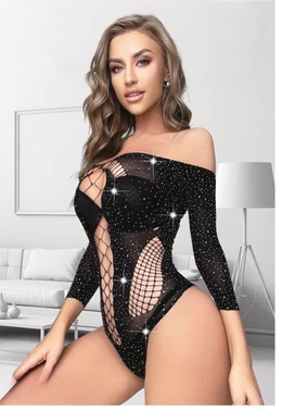 Taşlı Düşük Omuz Fileli Body Vücut Çorabı So Beautiful 2487