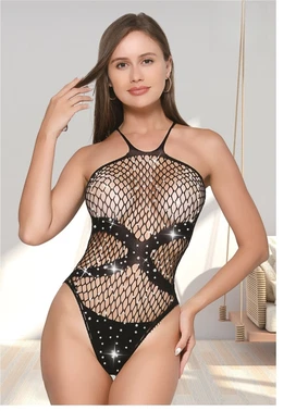 Taşlı Halter Yaka Fileli Body Vücut Çorabı So Beautiful 2497