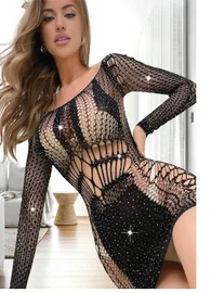 Taşlı Tek Omuz Fileli Elbise Vücut Çorabı So Beautiful 2478