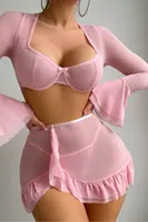 Toz Pembe İspanyol Kollu Balenli Crop Üst ve Fırfırlı Mini Etek Real Passione 70023 Pembe görsel 4